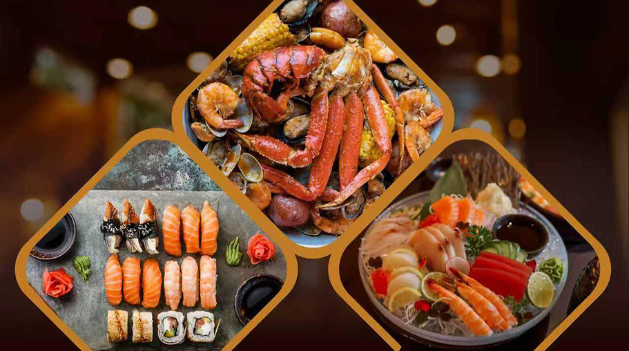 Delicious seafood platter with sushi, lobster, crab legs, and various shellfish displayed
