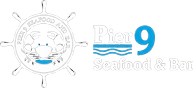 Pier 9 Seafood & Bar logo featuring a crab and wheel design.